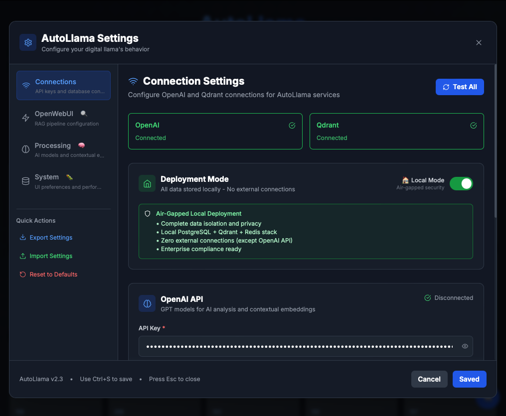 AutoLlama v2.3.4 mode toggle interface showing air-gapped local and cloud deployment options with security indicators