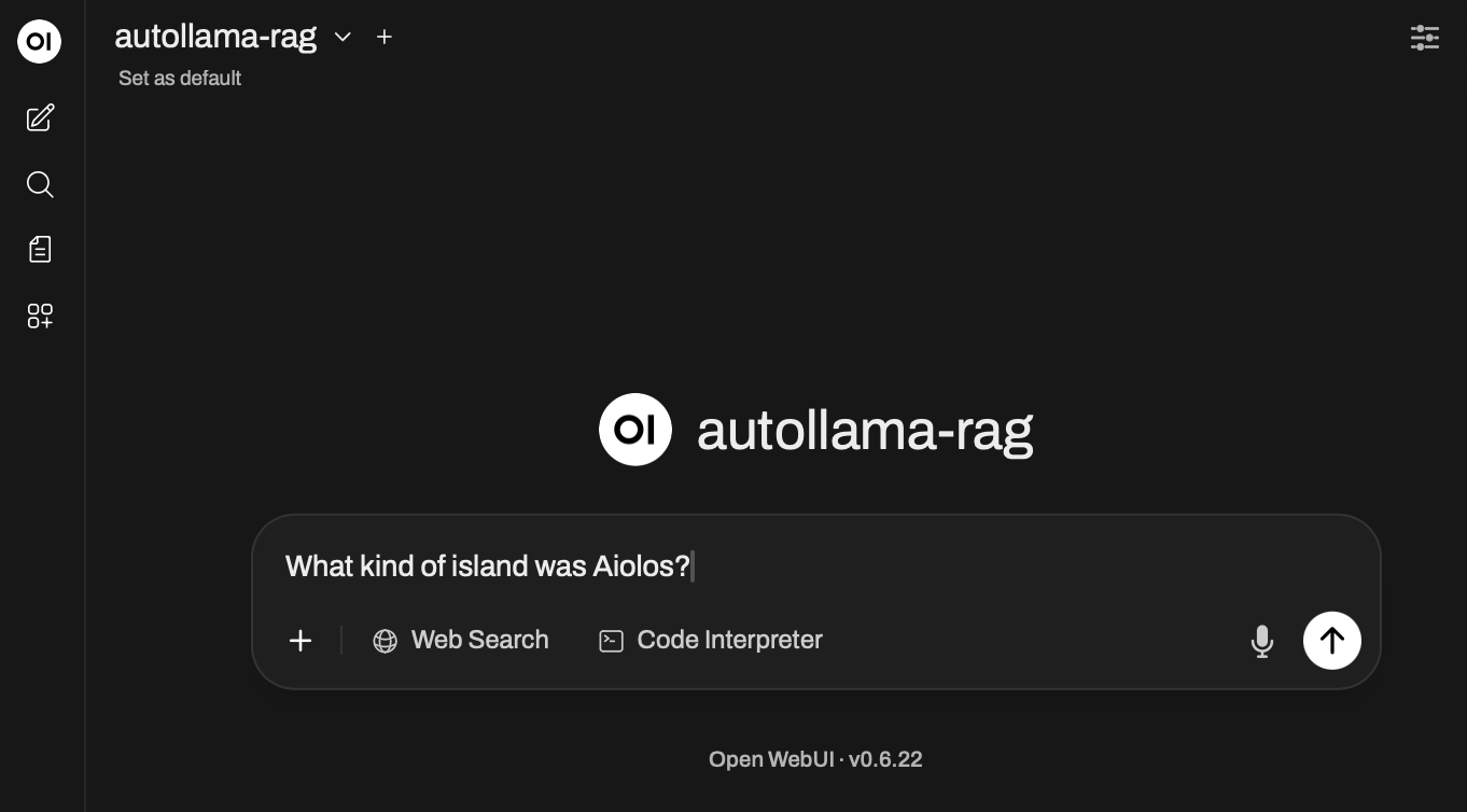 OpenWebUI interface showing autollama-rag model in dropdown selection menu