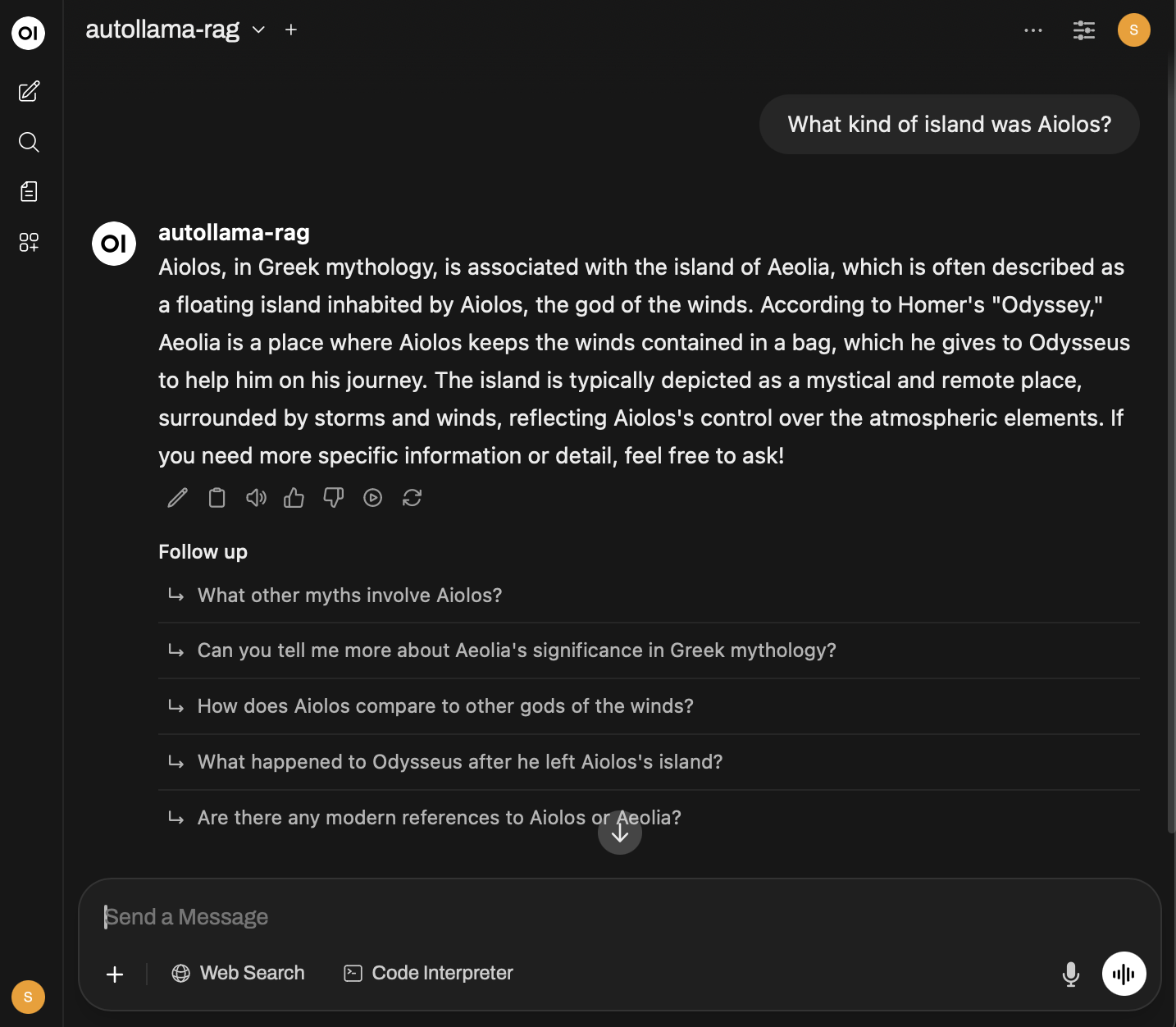 OpenWebUI chat interface showing intelligent query response about Aiolos with contextual understanding and follow-up suggestions