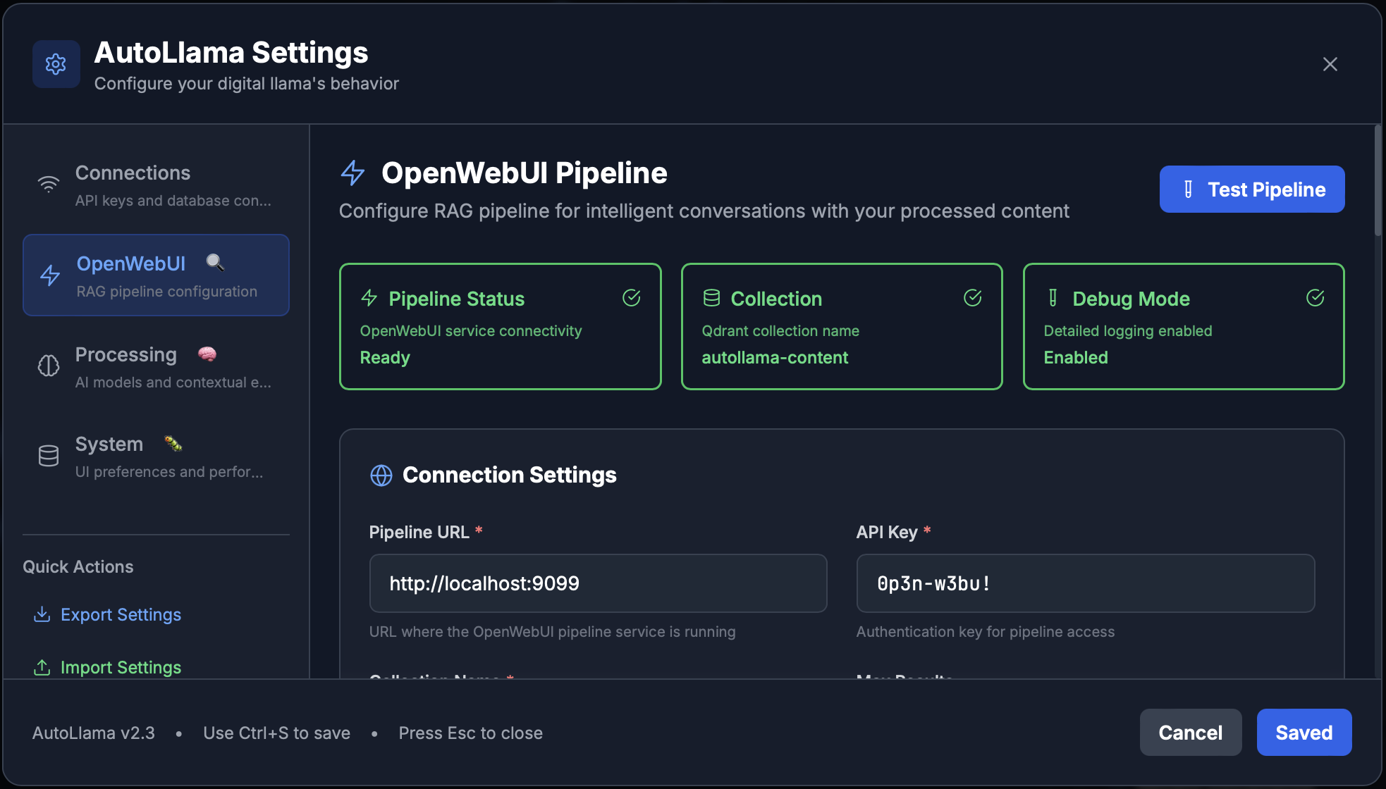 OpenWebUI settings panel showing AutoLlama pipeline configuration with URL and API key setup