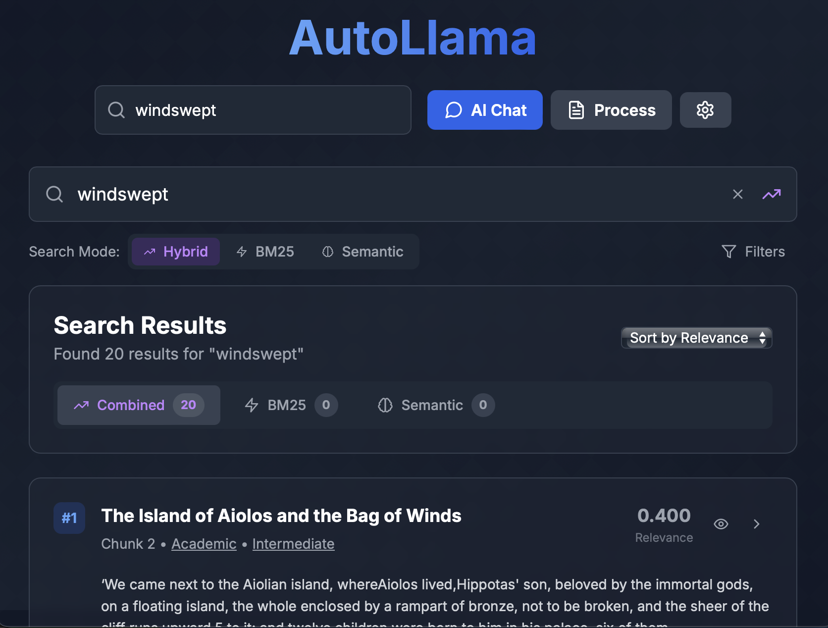 Ultra-fast BM25 search interface showing contextually enhanced search results with tags, entities, sentiment analysis, and AI-generated metadata